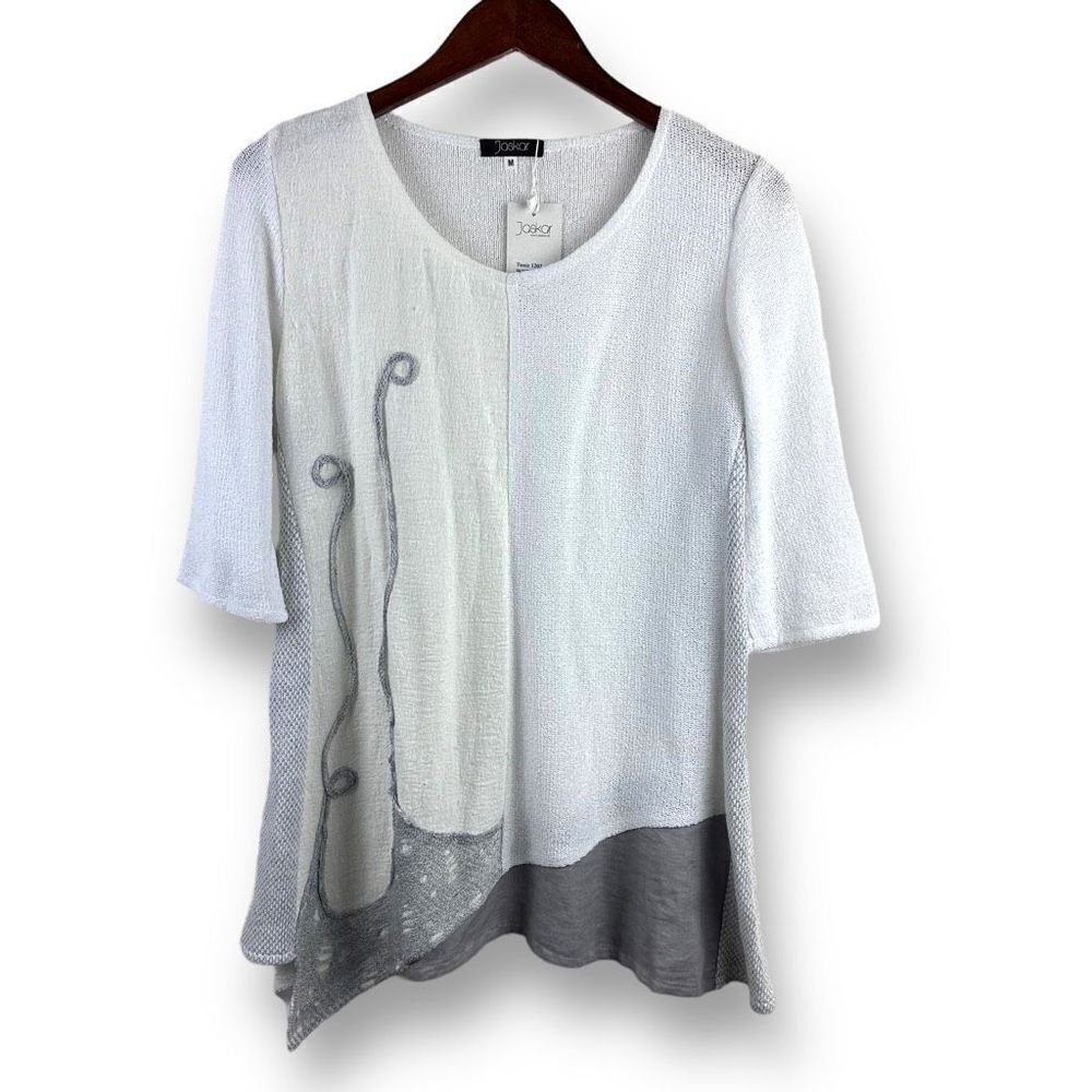Jaskar Women's Tunic Top Half Sleeve‎ Linen Blend Asymmetric White Grey Medium